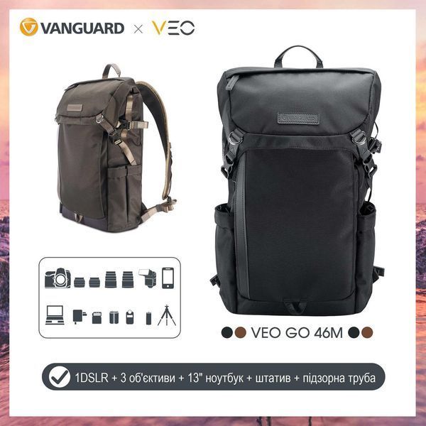 Рюкзак Вангард VEO GO 46M Чорний для DSLR та CSC камер 13 л з захистом від дощу анатомічний DAS301642 фото
