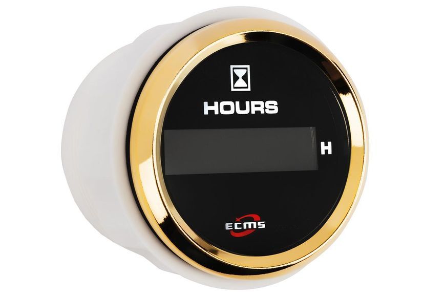 Лічильник мотогодин для човнів та катерів ECMS HLH2-BG-HS 52мм золота рамка чорний екран 12V цифровий п 802-00133 фото