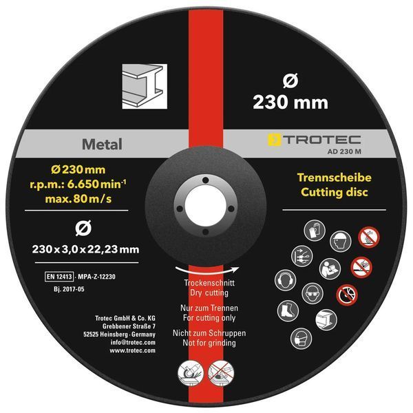 Круг відрізний Trotec 230х22.23х3.2 суцільний для нержавіючої сталі 5 шт потужність 6650 об/хв товщина 3.2 мм DAS302832 фото