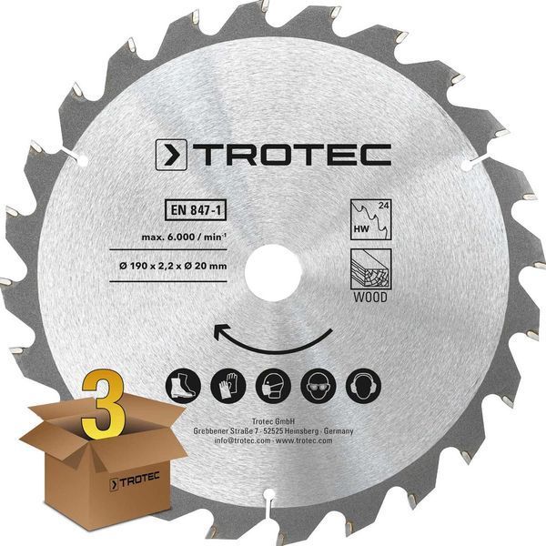 Пильний диск Trotec HW24 Wood 190х20х2.2 24 зуба швидкість 60 м/с 3 шт для деревини твердосплавний DAS302854 фото