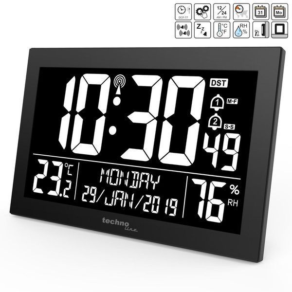 Настінні годинники Technoline WS8017 Black з підсвіткою, метеостанція, будильник, термометр і гігрометр DAS301334 фото