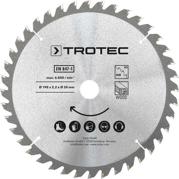 Пильний диск Trotec 190х20х2.2 HW40 Wood 40 зубців для професійного різання до 6000 об/хв в наборі 3 шт DAS302855 фото