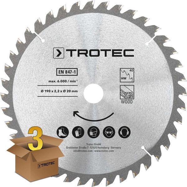 Пильний диск Trotec 190х20х2.2 HW40 Wood 40 зубців для професійного різання до 6000 об/хв в наборі 3 шт DAS302855 фото